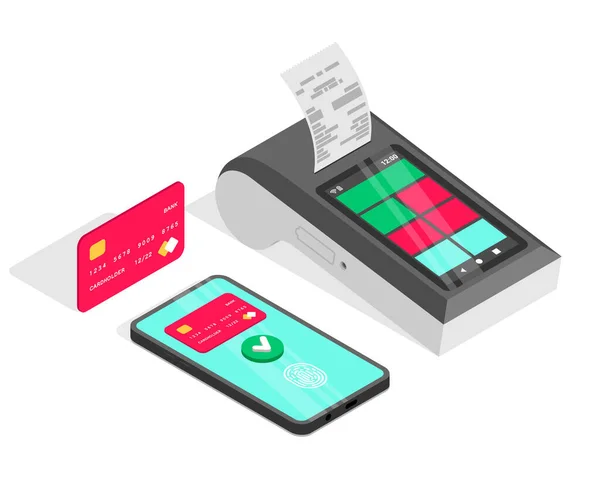 Pagamentos Dinheiro Conceito Isométrico Pagamento Sem Contato Smartphone Cartão Crédito — Vetor de Stock