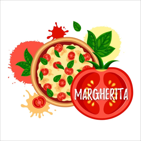 Φρέσκος Σχεδιασμός Πίτσας Νόστιμη Μαργκερίτα Ντομάτα Τυρί Βασιλικό Επίπεδη Παραδοσιακή — Διανυσματικό Αρχείο