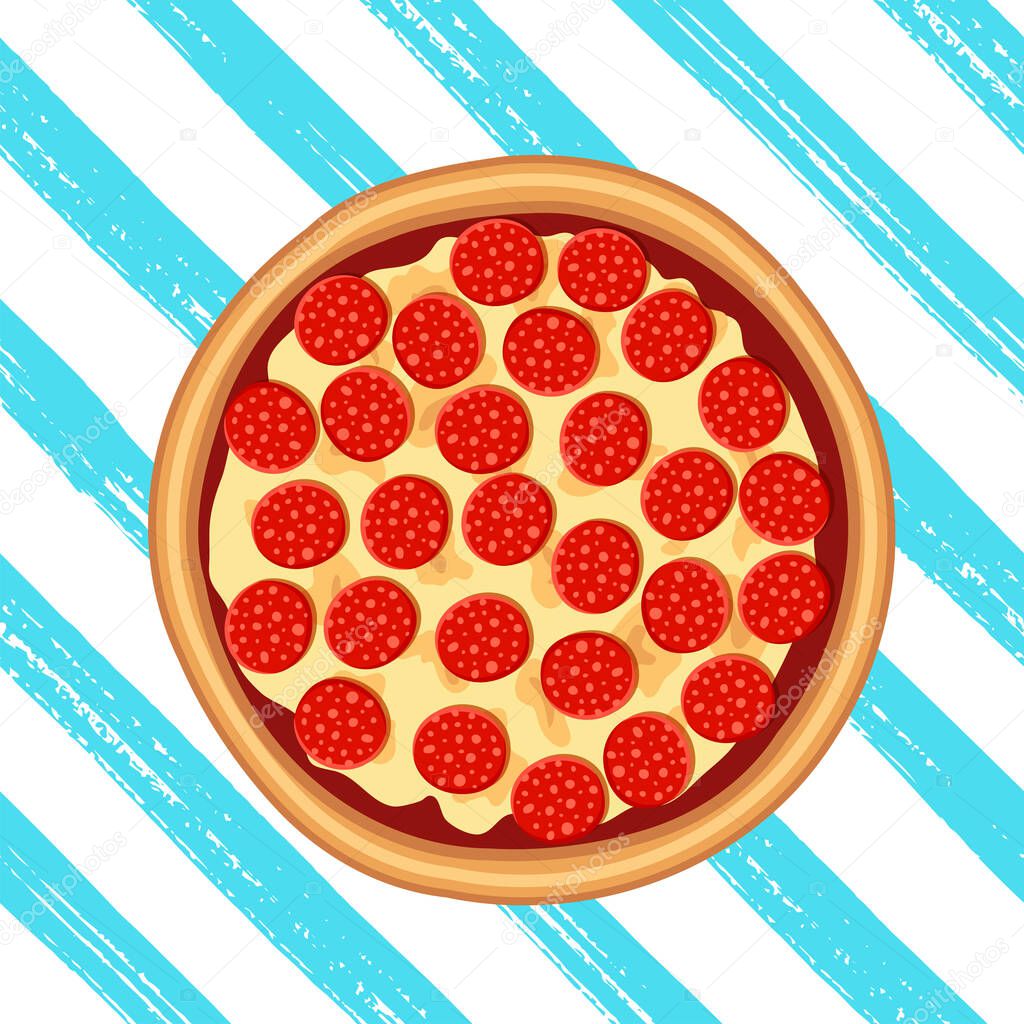 Hot pizza pepperoni top view on striped blue brush stroke hand drawn grunge background. Flat tasty traditional italian fast food design. Vector illustration for web, advert, menu