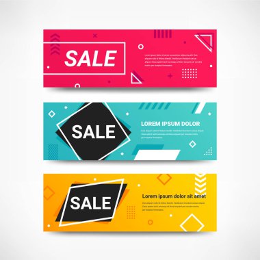 Geometrik şekiller yatay satış afişi seti. Soyut modern renk arkaplan koleksiyonu. Asgari indirim mağazası tasarımı. Web, cover, broşür, başlık, sayfa, broşür, sosyal medya için. Vektör illüstrasyonu
