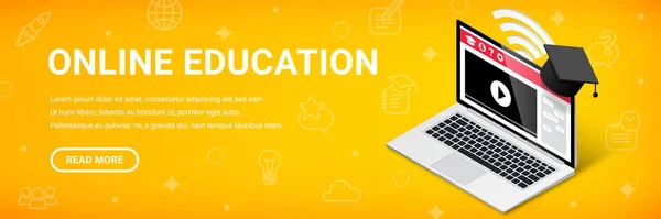 Educação Line Modelo Banner Estreito Isométrico Laptop Com Vídeo Lição —  Vetores de Stock