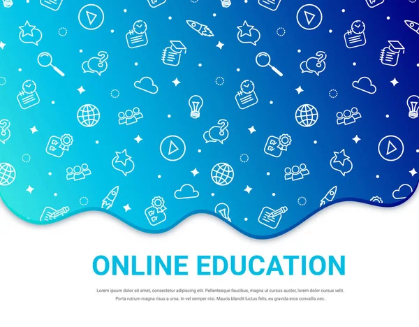 在线教育横幅模板 蓝色流体梯度背景上的白色学校线条图标图案 用于网站 移动应用程序 社交媒体的电子学习纹理矢量说明 — 图库矢量图片