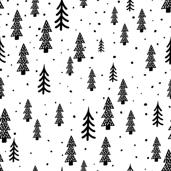 冬季森林丑闻是鸟类手绘的无缝图案 节日白色质感与冷杉树印刷 礼品包装 矢量说明 — 图库矢量图片