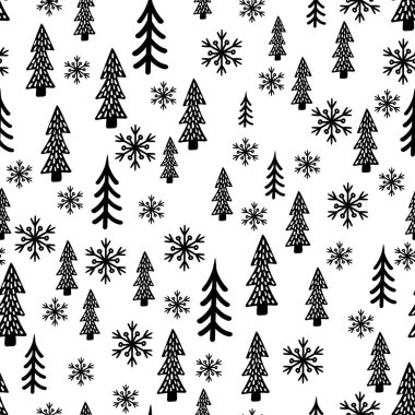 Kış ormanı İskandinav el yapısı kusursuz. Yeni yıl, Noel, köknar ağacıyla tatil dokusu, baskı, kağıt, tasarım, kumaş, hediye paketi, arka plan için kar tanesi. Vektör illüstrasyonu