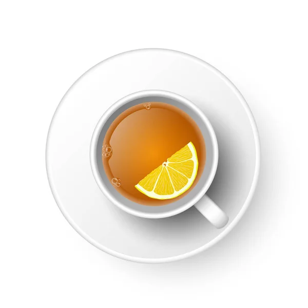 白い背景に隔離されたティーカップ上の景色 現実的なベクトルだ レモンとホットドリンク黒茶の3Dモデルカップ ソーサー ウェブ デザイン メニュー アプリのベクトルイラスト — ストックベクタ