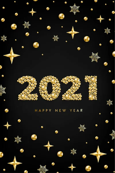 Altın boncuklu, yıldızlı, siyah üzerine kar taneli yeni yıl tasarım konseptin kutlu olsun. Altın metalik inci lüks Noel arkaplanı. Sosyal medya, afiş ve tebrik kartı için vektör illüstrasyonu