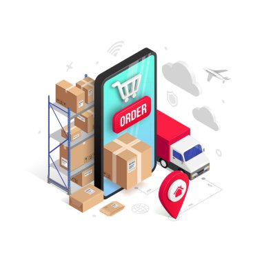Akıllı telefon, paket kutusu, kamyon, iğne ve raflarla izole edilmiş online izometrik tasarım konsepti. Web, mobil uygulama ve reklam için lojistik sipariş dağıtım hizmeti 3d vektör ilüstrasyonuName