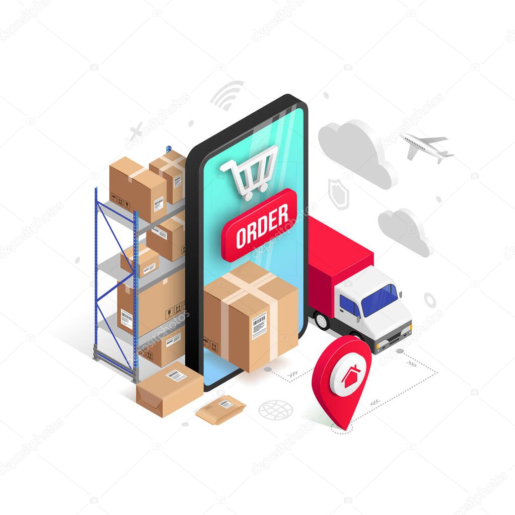 Delivery online isometric design concept with smartphone, parcel box, truck, pin, storage shelves isolated on white. Logistic order delivery service 3d vector illustration for web, mobile app, advert