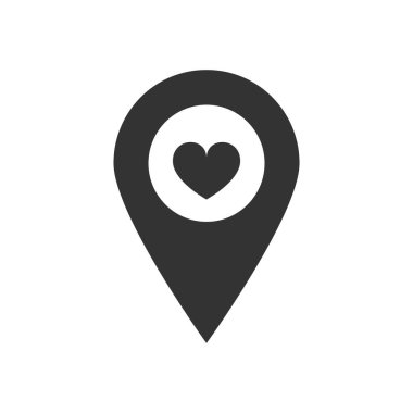 Harita işaretleyici iğne vektörü basit siyah simge. Kalpli coğrafi konum noktası, beyaz arka planda izole edilmiş favori sembol. Web, uygulamalar, bilgi grafikleri için vektör illüstrasyonu