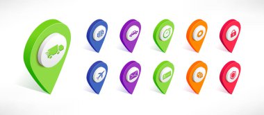 Transportation map pointer isometric icon set. 3d Delivery Pin collection. Color geotag location point with truck, plane, car, transport, post, cargo. Vector illustration for web, app, infographics clipart