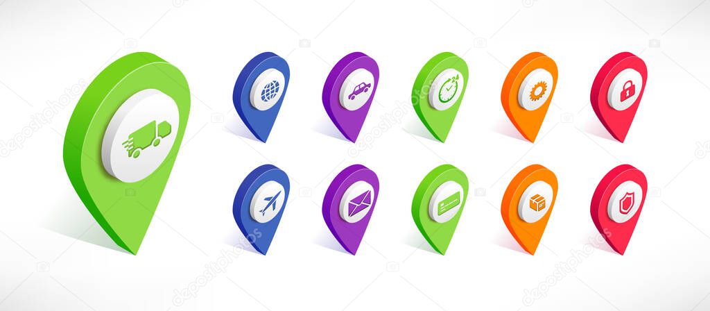 Transportation map pointer isometric icon set. 3d Delivery Pin collection. Color geotag location point with truck, plane, car, transport, post, cargo. Vector illustration for web, app, infographics