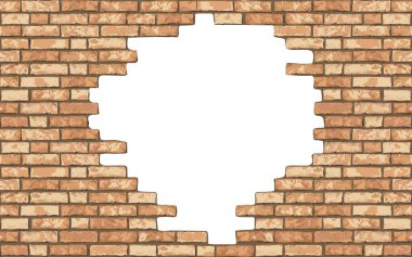 Klasik gerçekçi kırık tuğla duvar arka planı. Düz duvar dokusunda bir delik. Ağ, tasarım, dekor ve arkaplan için sarı desenli tuğla. Vektör illüstrasyonu