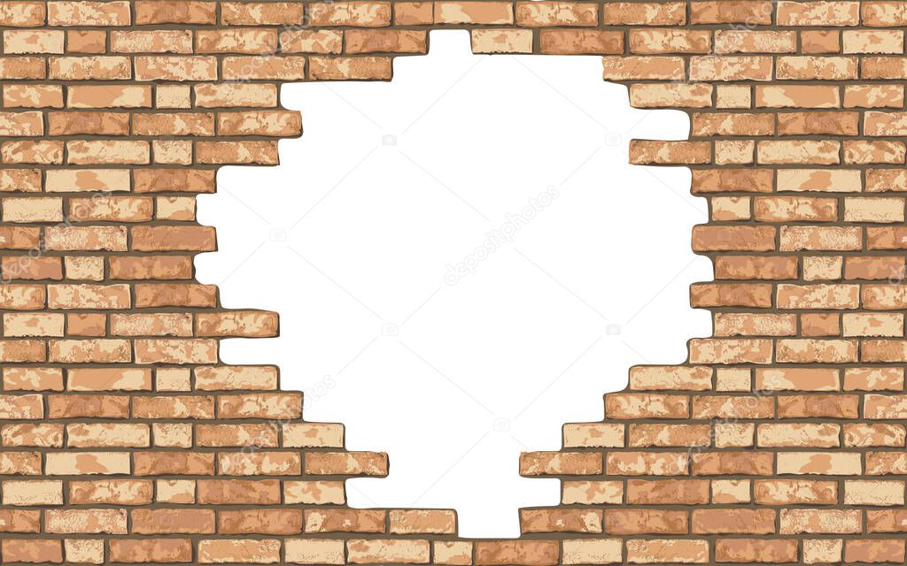 Vintage realistic broken brick wall background. Hole in flat wall texture. Yellow textured brickwork for web, design, decor, background. Vector illustration