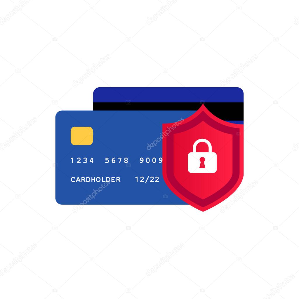 Credit card security flat icon. Electronic payment protection concept. Secure online transaction. Blue plastic cards and shield with lock isolated on white. Internet safety. Vector illustration