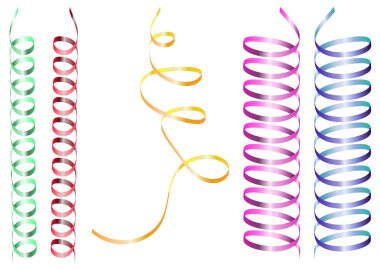 Çok renkli, gerçekçi bir yılan seti. Beyaz arka planda spiral folyo bandı. Tatil kartları, ambalaj kağıtları, dekorasyonlar ve dekorasyon için 3D tasarım vektörü çizimi.