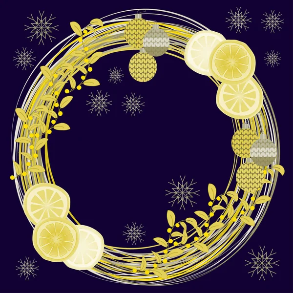 Corona Redonda Navidad Ramitas Decoraciones Juguetes Punto Naranjas Secas Copos — Vector de stock