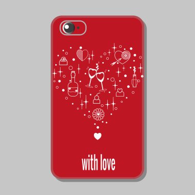 Koruyucu cep telefonu kılıfı. Parlak kırmızı arka planda Sevgililer Günü için elementler var. Beyaz renkli ana hatlar. Tatil için vektör çizimi, doğum günü.