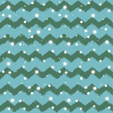 Yılbaşı ve Noel için kış geçmişi. Kışın yıldızlı gökyüzü, zigzag zemininde düşen kar taneleri ve yıldızlar. Arkaplan tebrik kartı ve ambalaj kağıdı için kusursuz vektör çizimi.