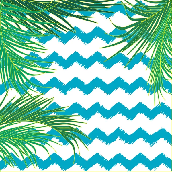 Dekoratif Topikal Palmiye Yapraklı Vektör Arkaplanı Zigzag Şeklinde Mavi Dalgaların — Stok Vektör