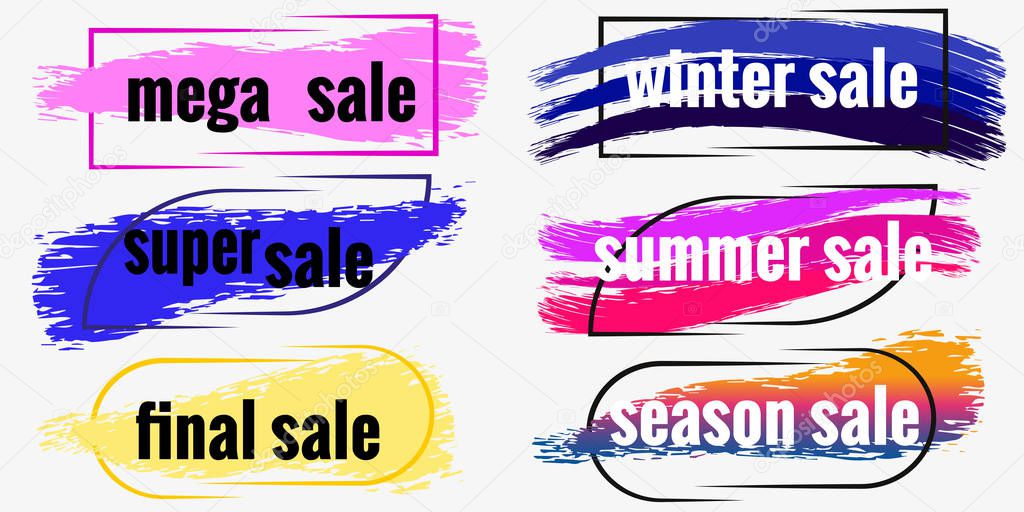 Set of text banner for design of sales, promo coupons, web site design. Abstract flat shapes and hand-made watercolor brush in various fashionable colors. Vector illustration on white background.
