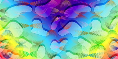 Soyut dikişsiz desen, yarım ton etkisi, dalgalı fütüristik çizgiler ve renkli gökkuşağı arka planında lekeler. Neonun parlak renkleri. Web tasarımı, tekstil, duvar kağıdı, kartlar, poster için vektör illüstrasyonu