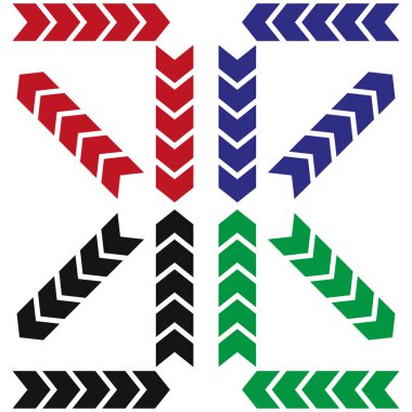 Oklar, kırmızı, mavi, yeşil ve siyah arkaplanda. Yön göstergesi. Tasarım projeleri ve şemaları için simgelerin vektör illüstrasyonu.