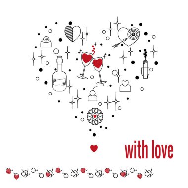 Romantizm ve aşk için beyaz arka planda kalp şeklinde elementler. Kiraz ve kalp şeklinde kurdele. Doğum günü, düğün, sevgililer günü kartları için taslak biçiminde vektör çizimi.