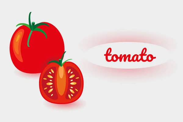 Etiqueta Colorida Con Texto Tomate Entero Cortado Verduras Frescas Sobre — Vector de stock