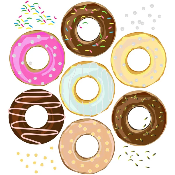 Set Van Kleurrijke Donuts Met Verschillende Decor Vector Illustratie Voor — Stockvector