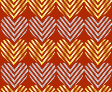 Kalplerin kusursuz vektör deseni süslemesi. Parlak kırmızı arka planda altın ve gümüş metalik eğim. Ambalaj, tekstil, doğum günü, sevgililer günü, düğün tasarımı için romantik bir geçmiş