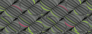 Gri ve neon morötesi ve sarı çizgilerin kusursuz deseni, iplikler. Üç boyutlu geometrik desen. Kapak, broşür, dergi, arkaplan.