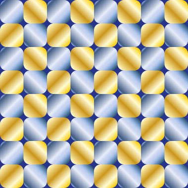Satranç süsü ile kusursuz desen, mavi ve sarı hacimli gradyan. Satranç hücreleri parlak renklerde. Tekstil tasarımı, ambalaj, posterler için vektör illüstrasyonu.