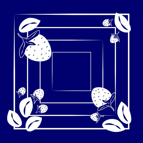 Квадратный Узор Клубникой Листьями Ярко Голубом Фоне Белый Контур Ягод — стоковый вектор