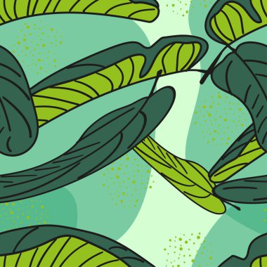 Renkli tropikal egzotik yaprakları olan kusursuz çiçek desenleri, açık arkaplanda dekoru. Tekstil, ambalaj, reklam, davetiye, kartvizit, sosyal ağ tasarımı için vektör illüstrasyonu.