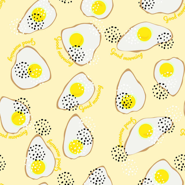 Fried eggs for breakfast. Good morning. Decor salt and pepper. Seamless vector pattern, simple flat style. For the design of textiles, the background of social pages, clothes and linen for children.