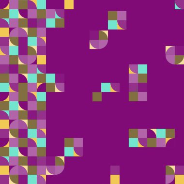 Kenarları, düşen kareleri ve dikdörtgenleri olan çok renkli bir arkaplan. Geometrik şekillerin mozaiği. Morötesi renk, sarı ve yeşil. Seyahat siteleri için vektör şablonu, sosyal sayfalar, boş zaman.