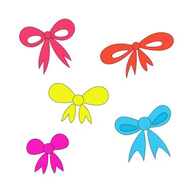 Renkli fiyonklar. Skeç yayı aksesuarları, el çizimi karalamalar, kurdele.