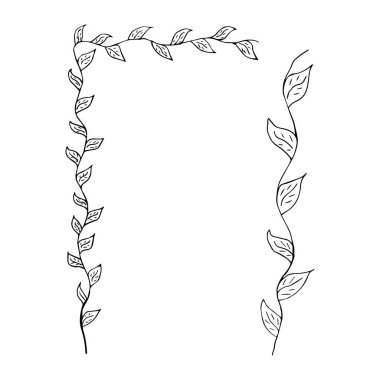 Çiçek süsü çerçevesi. Dekoratif yaprak çerçevesi, elle çizilmiş süs kenarları. İzole vektör çerçevesi