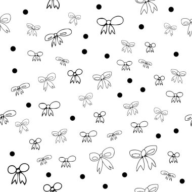 Kurdele fiyonklarından yapılmış siyah beyaz desenli. Düğün için sonsuz doku, bebeğim, doğum günü partisi. Vektör tasarımı Yüzeyler için modern desen.