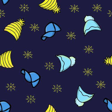 Vektör arkaplanı. Kış şapkalı kusursuz desen. Karalama tarzında sıcak bir kış şapkası. Vektör el çizimi resimleme