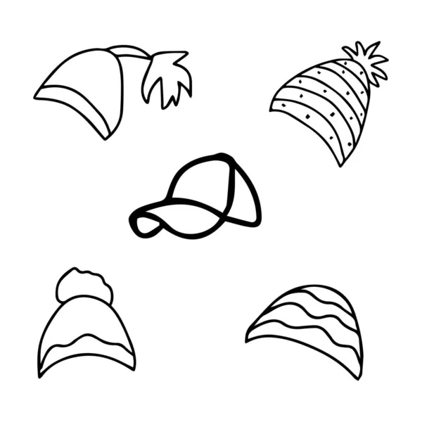 Set Vectores Con Sombrero Cálido Invierno Estilo Garabato Vector Ilustración — Archivo Imágenes Vectoriales