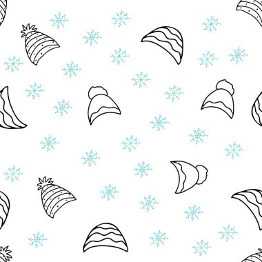 Vektör arkaplanı. Kış şapkalı kusursuz desen. Karalama tarzında sıcak bir kış şapkası. Vektör el çizimi resimleme