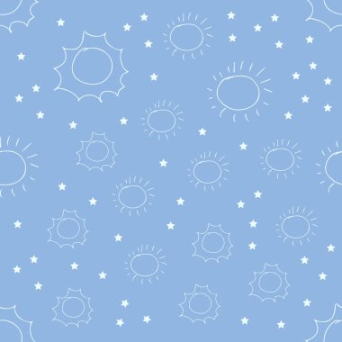 Güneşsiz desen vektörü. Güneşli karikatür deseni. Sevimli vektör renksiz desen.