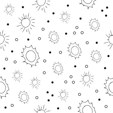 Güneşsiz desen vektörü. Güneşli karikatür deseni. Sevimli vektör renksiz desen.