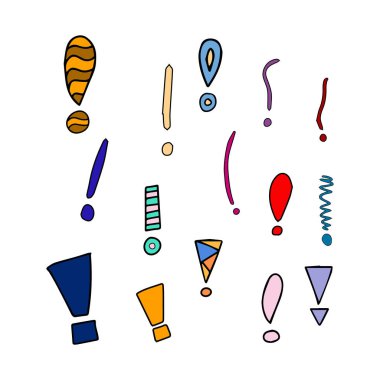 Ünlem işareti. Grunge doodle eskiz ünlem işaretleri vektör seti. Beyaz arkaplanda ünlem işaretleri koleksiyonu
