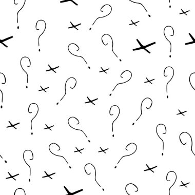 Soru işareti vektörü kusursuz desen. El çizimi eskiz. SSS düğmesi. Sorular soruyor. Yardım iste.