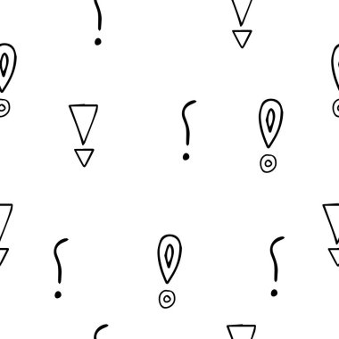 Beyaz arkaplanda ünlem işaretleri var. El çizimi vektör elementleri. Vektör çizimi soru işareti arkaplanı