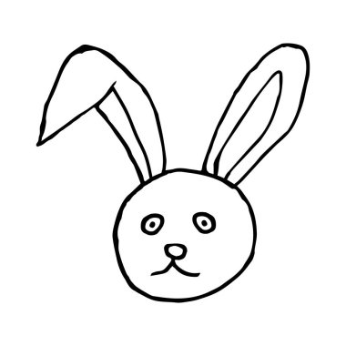 Beyaz arkaplanda izole edilmiş vektör tavşan çizimi. Uzun kulaklı şirin paskalya tavşanı ağızlığı. Çocuk baskısı, kartpostal, davetiye için el çizimi element yüz tavşanı.