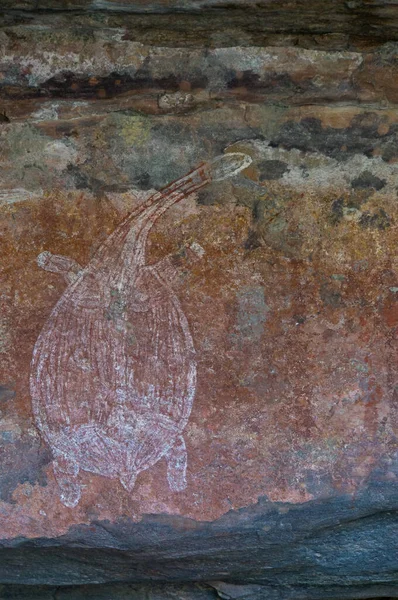 Arte Aborígene Antiga: impressões de mãos, rebanhos de animais, espiral, Parque Nacional Kakadu, Austrália Fotografias De Stock Royalty-Free
