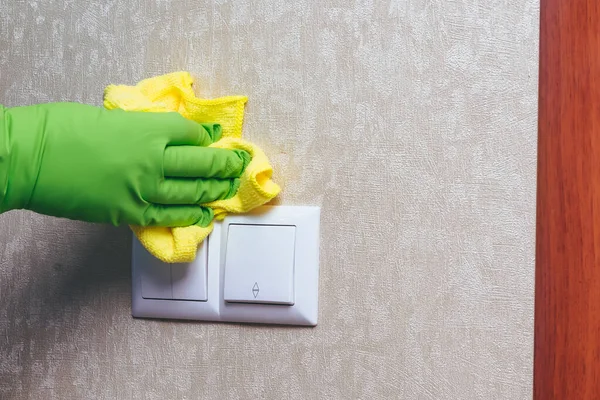 House Cleaning Girl Green Gloves Wipes Electricity Switch Yellow Salfit — Stock Photo, Image